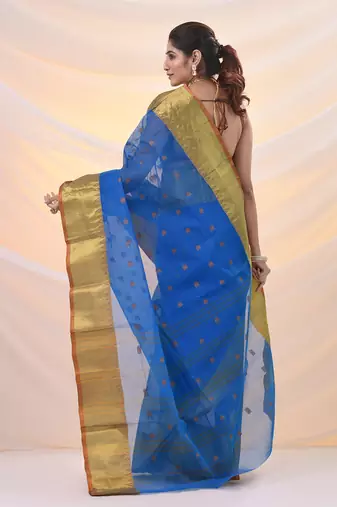 Sapphire blue pure cotton tant saree with zari border