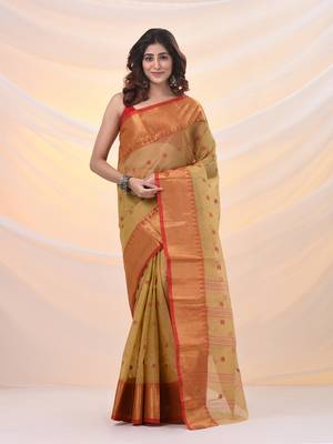 Dark beige pure cotton tant saree with zari border 1