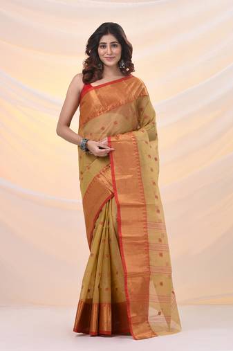 Dark beige pure cotton tant saree with zari border