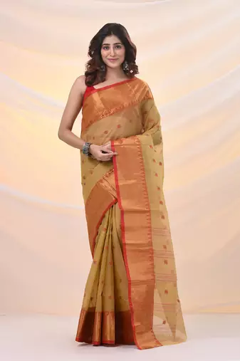Dark beige pure cotton tant saree with zari border
