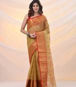 Dark beige pure cotton tant saree with zari border