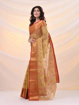 Dark beige pure cotton tant saree with zari border 2