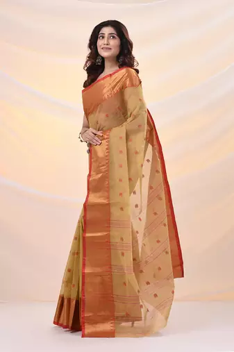 Dark beige pure cotton tant saree with zari border