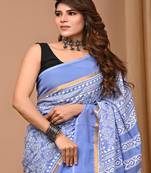 Blue hand block printed with natural dye cotton silk saree with blouse piece