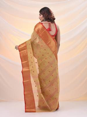 Dark beige pure cotton tant saree with zari border 3