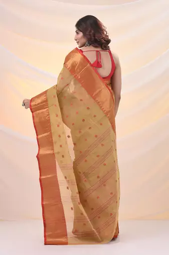 Dark beige pure cotton tant saree with zari border
