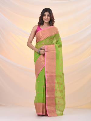 Parrot green pure cotton tant saree with zari border 1