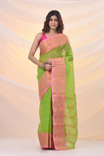 Parrot green pure cotton tant saree with zari border