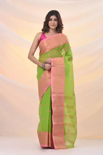 Parrot green pure cotton tant saree with zari border