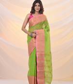 Parrot green pure cotton tant saree with zari border