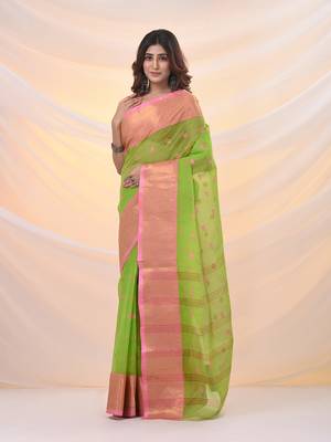 Parrot green pure cotton tant saree with zari border 2