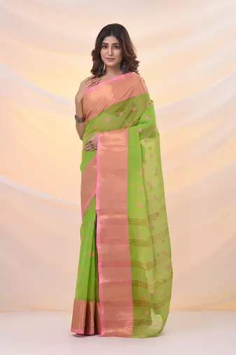 Parrot green pure cotton tant saree with zari border