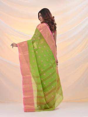 Parrot green pure cotton tant saree with zari border 3