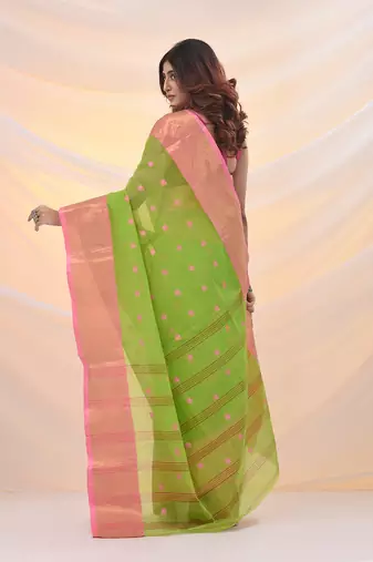 Parrot green pure cotton tant saree with zari border