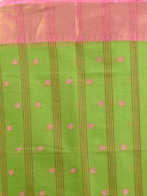 Parrot green pure cotton tant saree with zari border 4