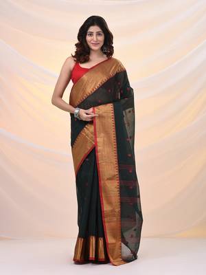 Dark green pure cotton tant saree with zari border 1
