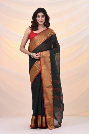 Dark green pure cotton tant saree with zari border