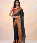 Dark green pure cotton tant saree with zari border