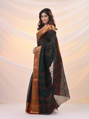 Dark green pure cotton tant saree with zari border 2