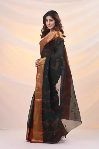 Dark green pure cotton tant saree with zari border