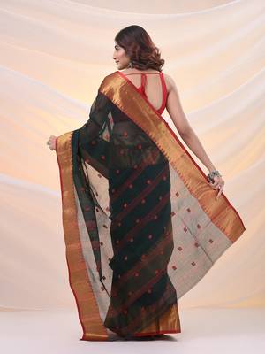 Dark green pure cotton tant saree with zari border 3