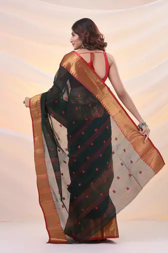 Dark green pure cotton tant saree with zari border