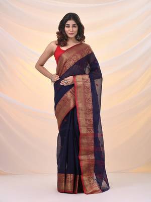 Navy blue pure cotton tant saree with zari border 1