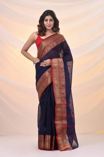 Navy blue pure cotton tant saree with zari border
