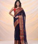 Navy blue pure cotton tant saree with zari border