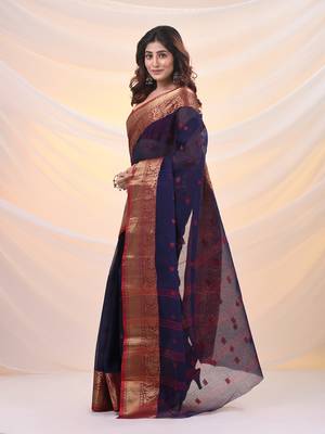 Navy blue pure cotton tant saree with zari border 2