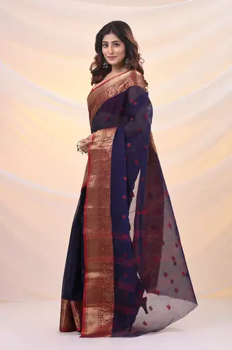 Navy blue pure cotton tant saree with zari border