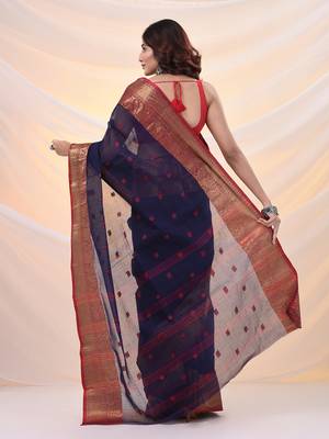 Navy blue pure cotton tant saree with zari border 3