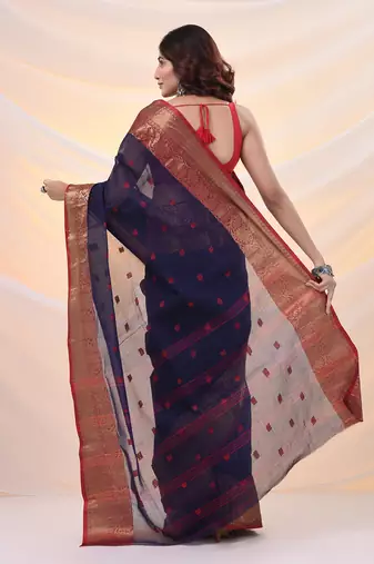 Navy blue pure cotton tant saree with zari border