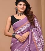 Purple hand block printed with natural dye cotton silk saree with blouse piece