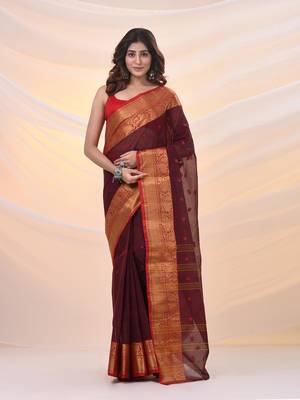 Dark red pure cotton tant saree with zari border 1