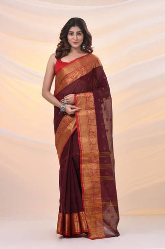 Dark red pure cotton tant saree with zari border
