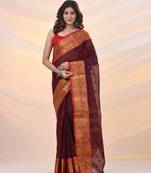Dark red pure cotton tant saree with zari border