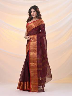Dark red pure cotton tant saree with zari border 2