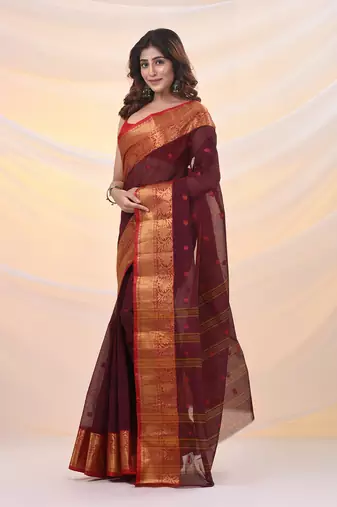 Dark red pure cotton tant saree with zari border