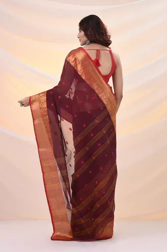 Dark red pure cotton tant saree with zari border