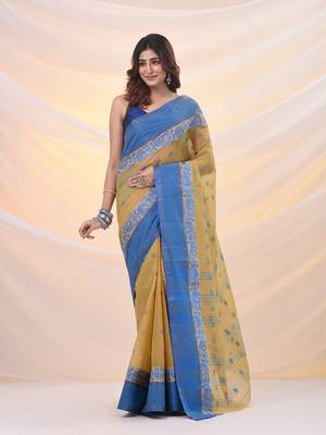 Light beige pure cotton tant saree with woven designs 1