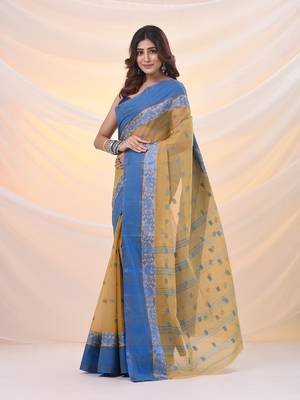 Light beige pure cotton tant saree with woven designs 2