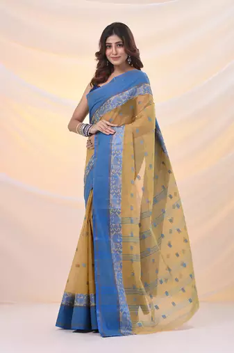 Light beige pure cotton tant saree with woven designs