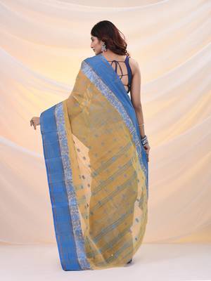 Light beige pure cotton tant saree with woven designs 3