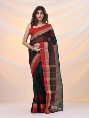 Emerald green pure cotton tant saree with temple border 1