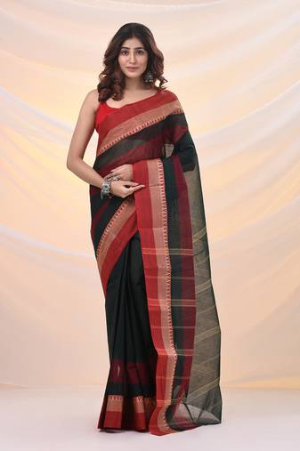 Emerald green pure cotton tant saree with temple border
