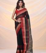 Emerald green pure cotton tant saree with temple border