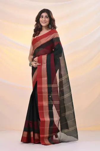 Emerald green pure cotton tant saree with temple border