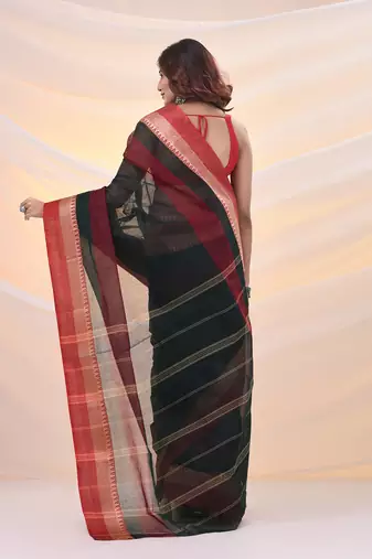 Emerald green pure cotton tant saree with temple border
