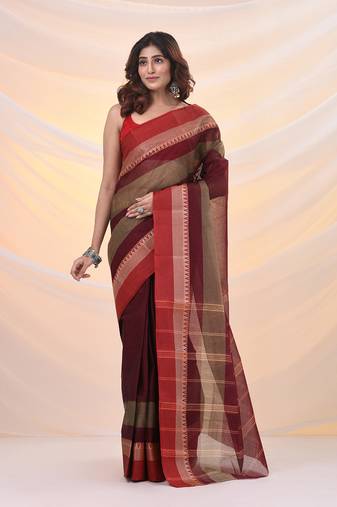 Maroon pure cotton tant saree with temple border